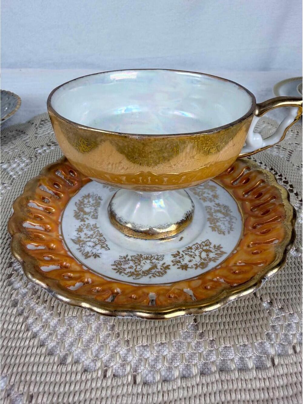 VINTAGE GOLDEN FOOTED CUP & "PIERCED" ROSE SAUCER LUSTERWARE